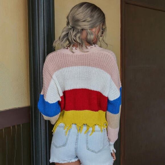 Crop Top Sweater Color Block Red Blue White Yellow Pink V-Neck Size S - Picture 3 of 9